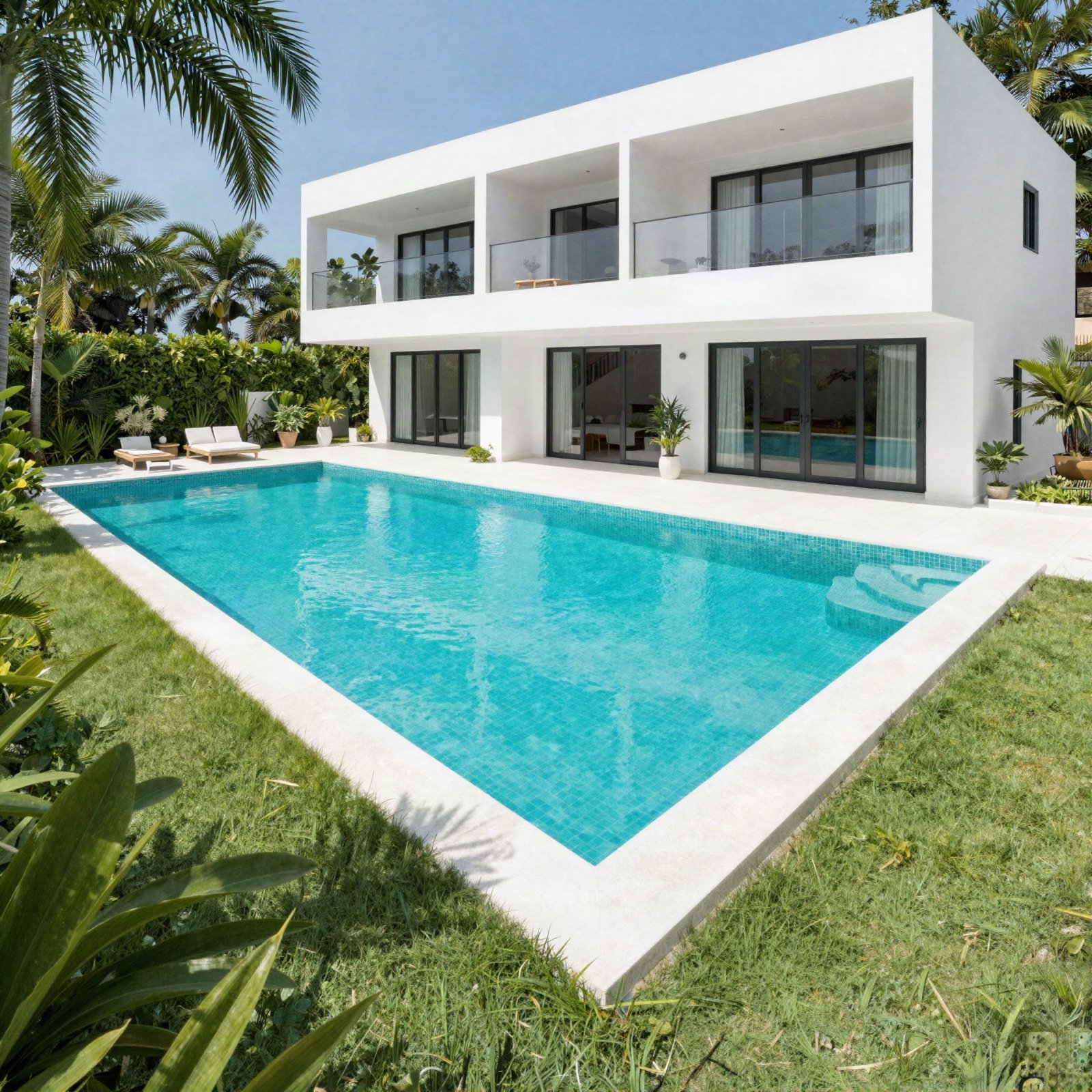 White villa with a turquoise pool and tropical garden