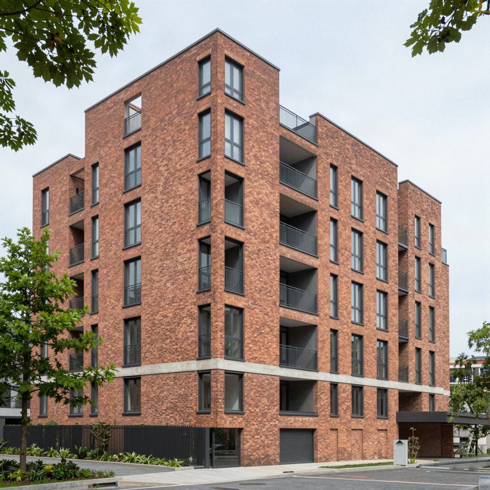 Brick condominium building on a tree-lined street