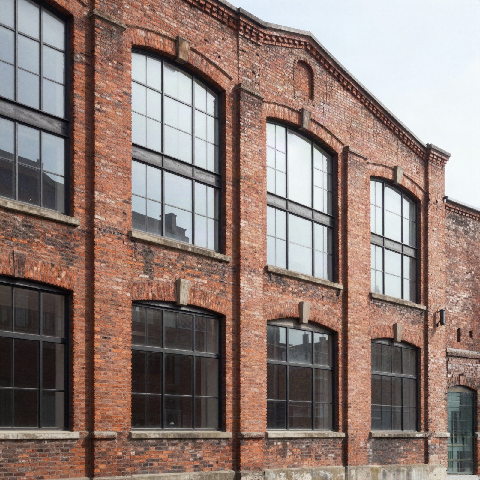 Red-brick warehouse with arched steel windows converted to lofts