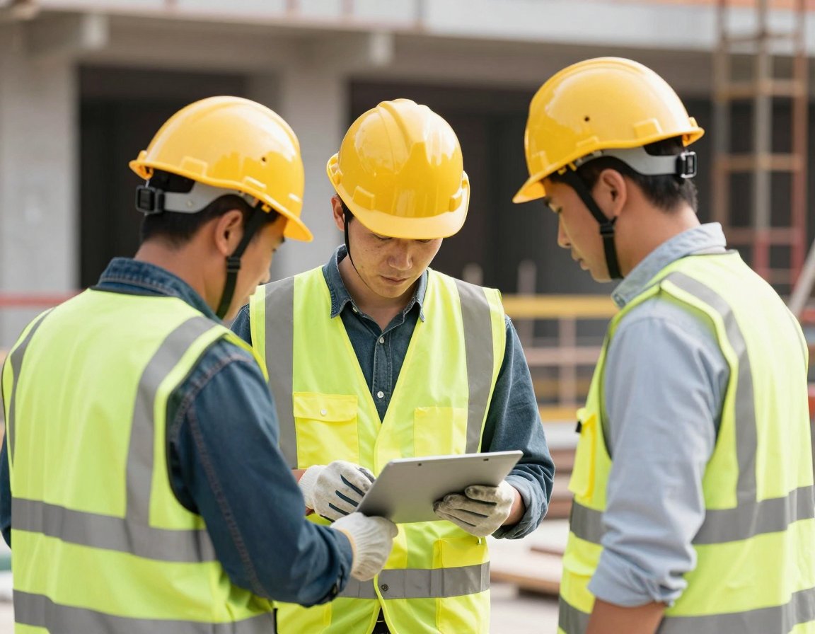 Site workers in yellow hard hats and safety vests checking plans on a tablet