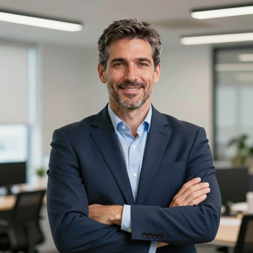 Portrait of the CEO in a navy suit in the office