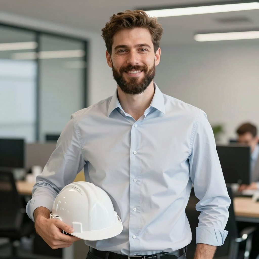 Portrait of the COO holding a white hard hat in the office