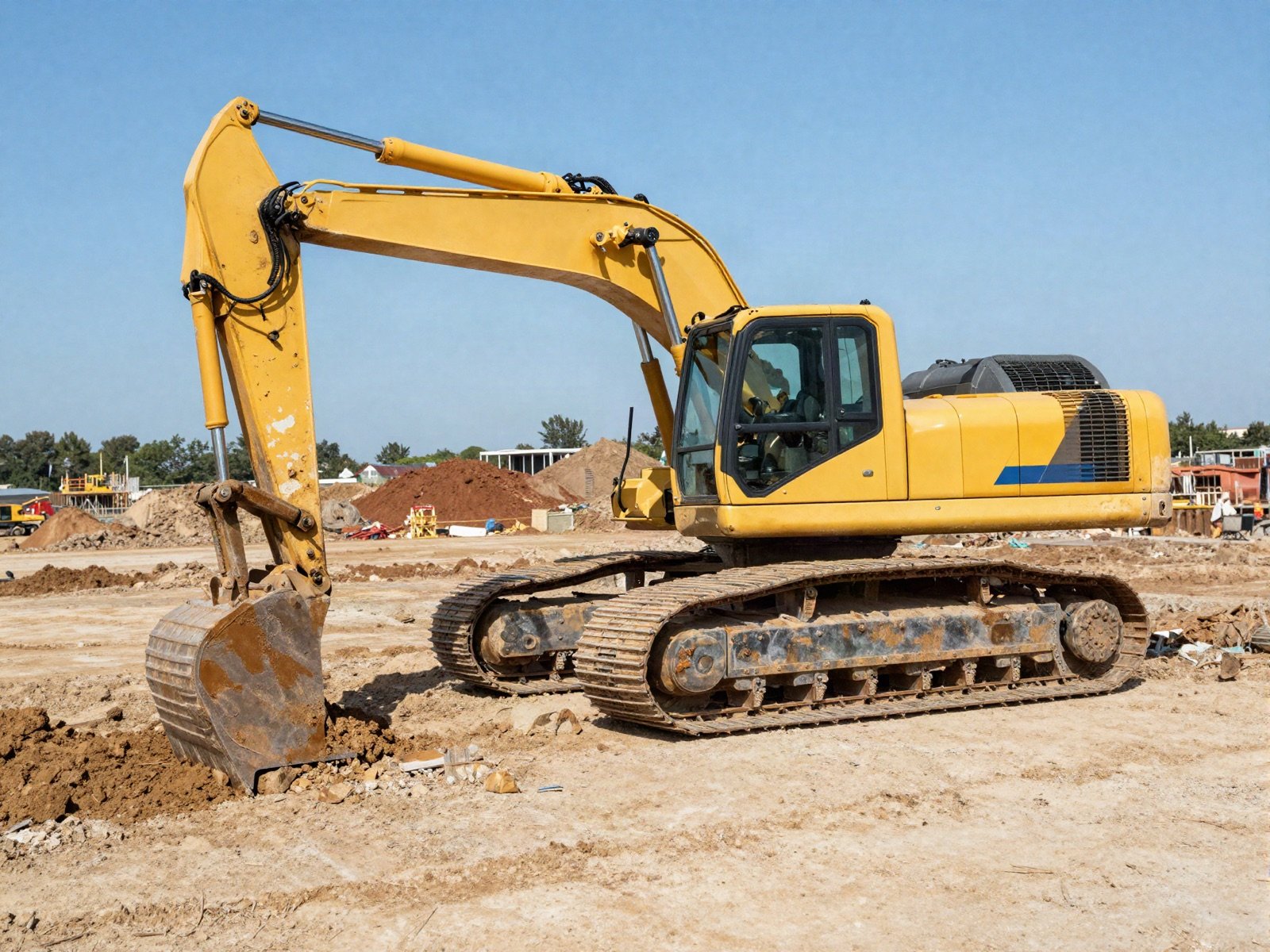 A yellow excavator clearing ground on a construction site