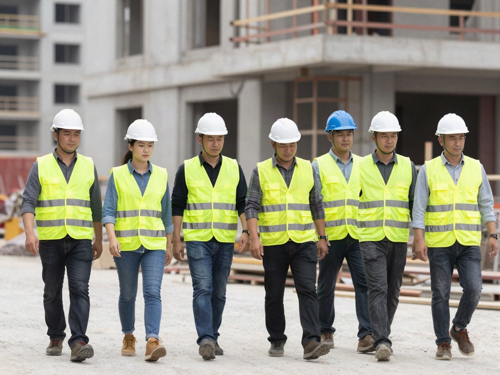 A team of construction workers in hard hats and vests walking across a site