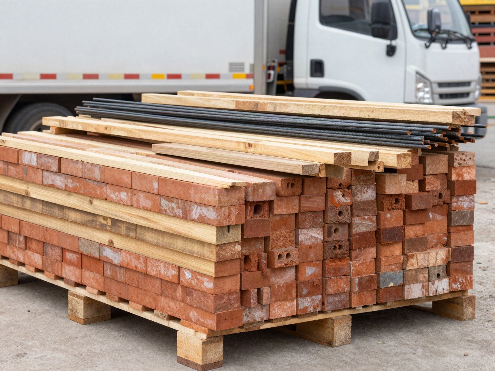 Pallets of bricks, timber and steel rebar beside a delivery truck