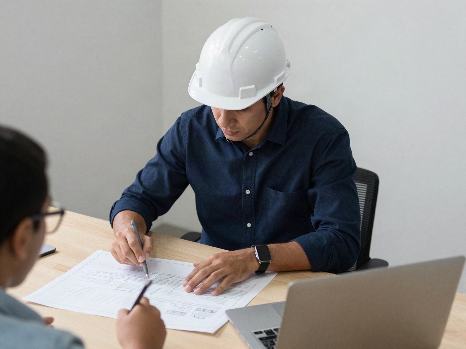 A consultant in a hard hat reviewing plans with a client