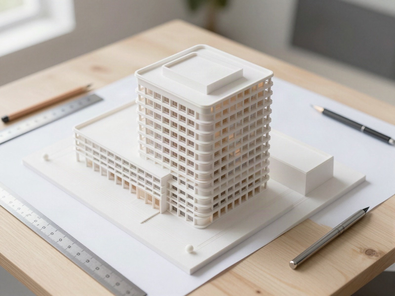 A white architectural model of a building on a drafting table