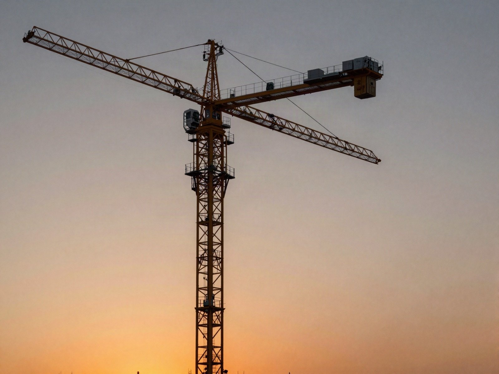 A tower crane silhouetted against a sunset sky