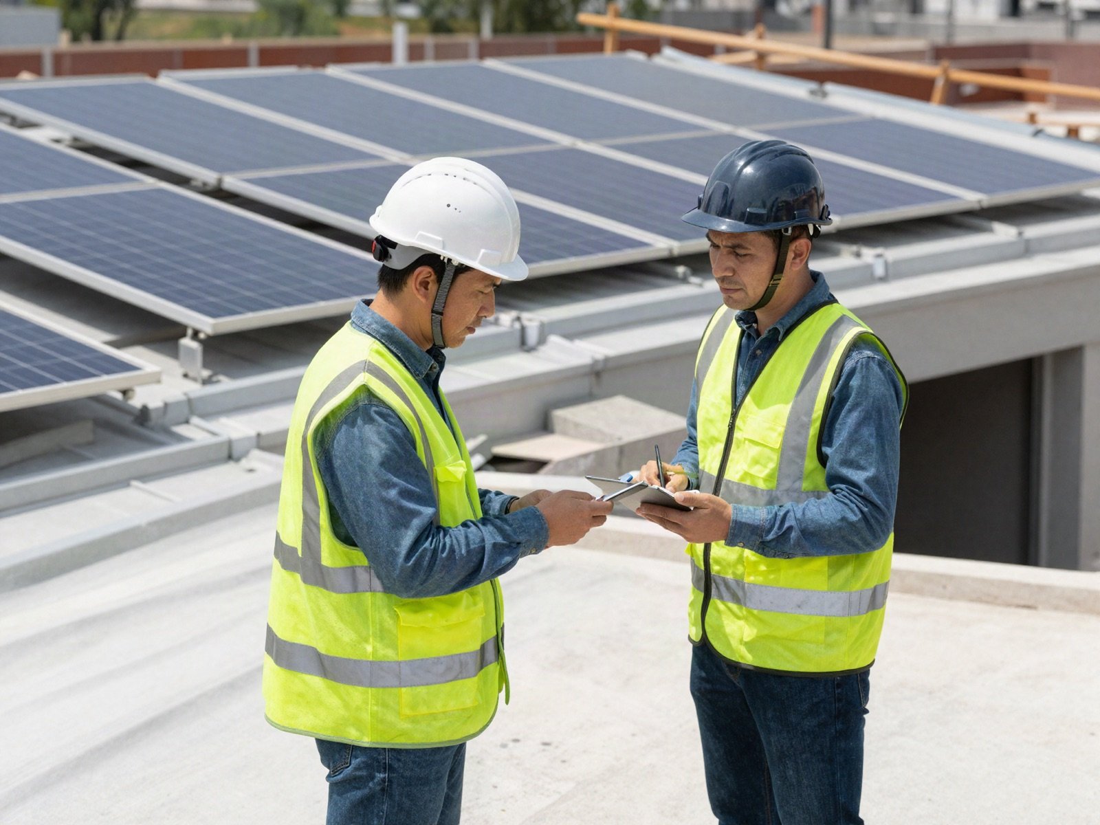 Two site managers in hard hats checking plans on a roof with solar panels