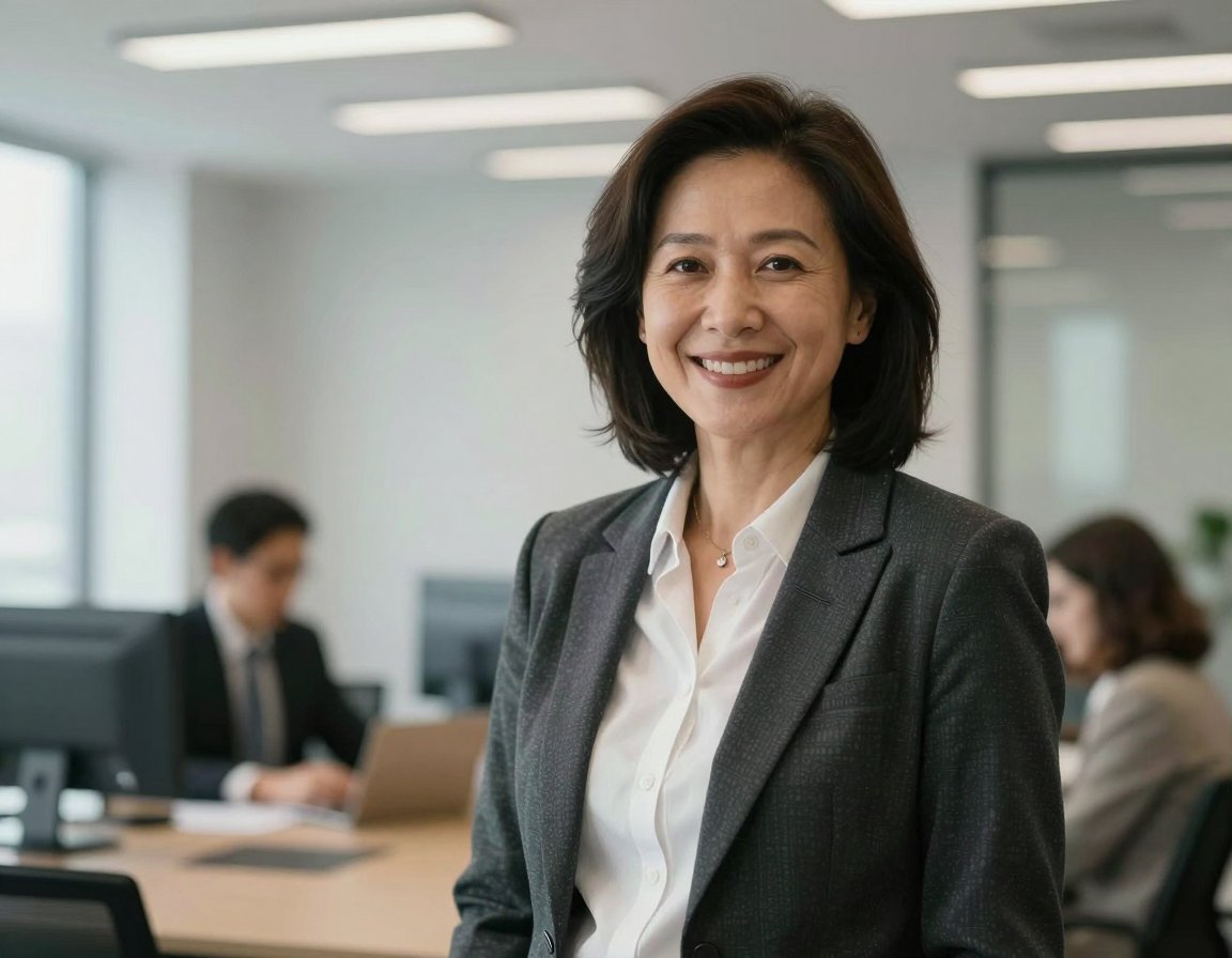 Portrait of a smiling business consultant in a grey blazer in her office