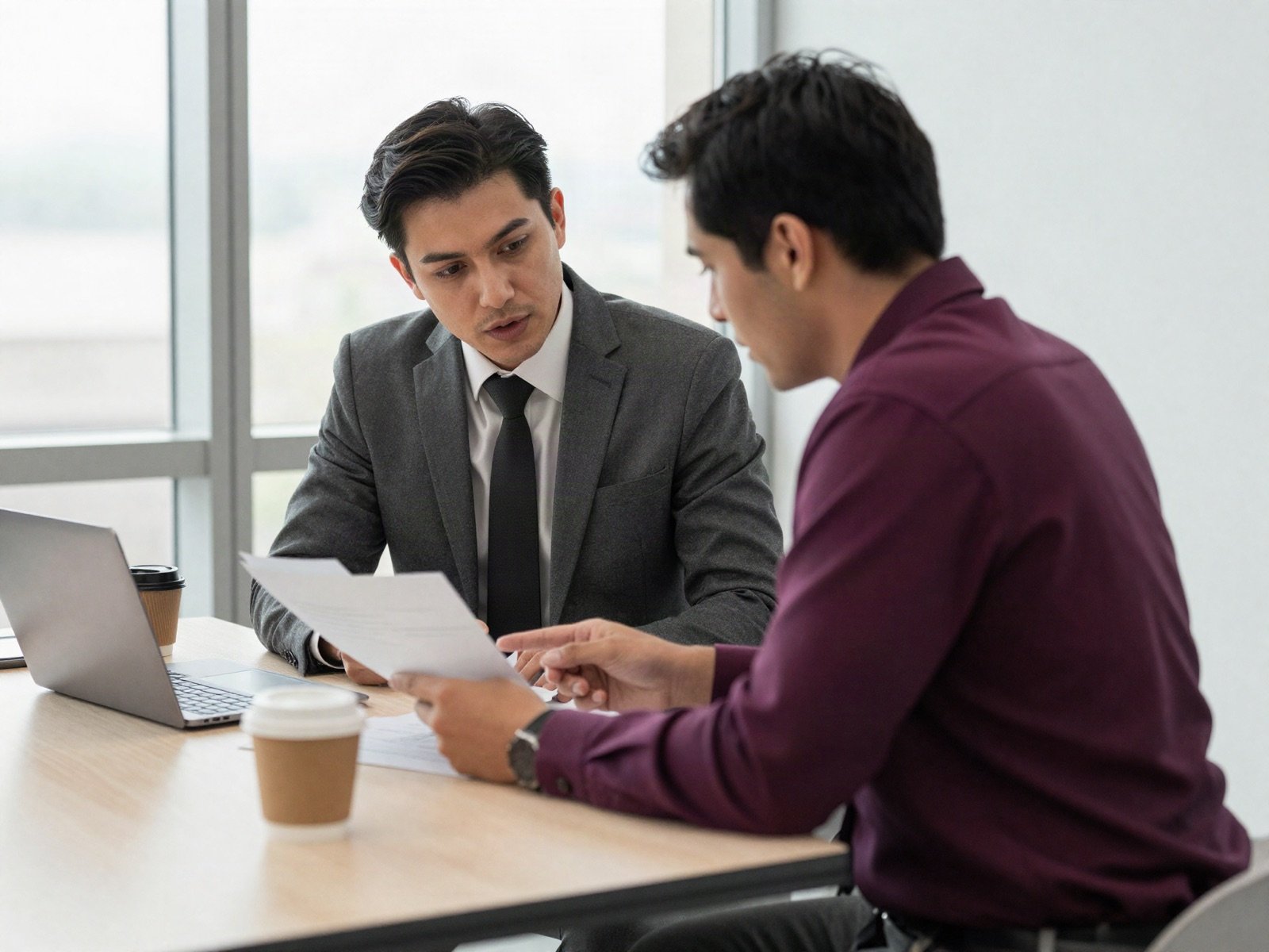 A consultant and a client reviewing documents at an office table