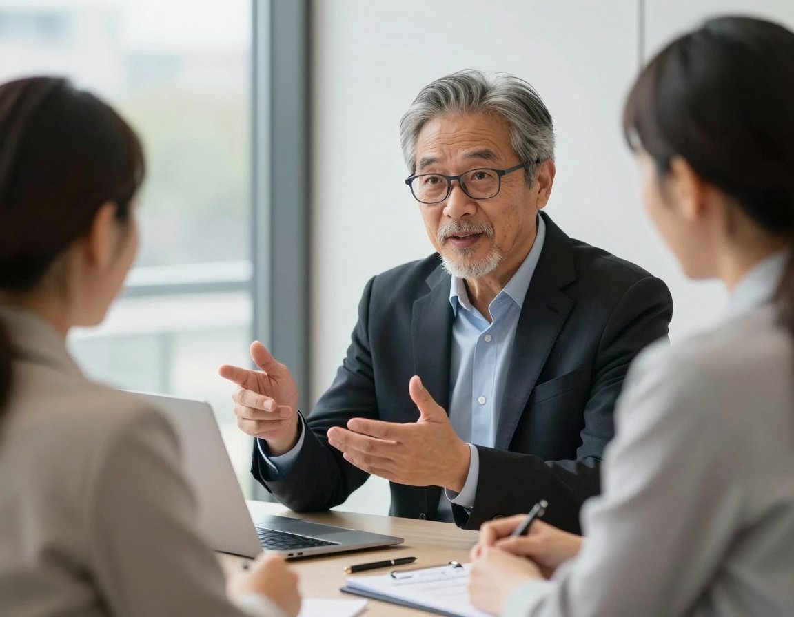 A senior consultant explaining a plan to two clients at his desk