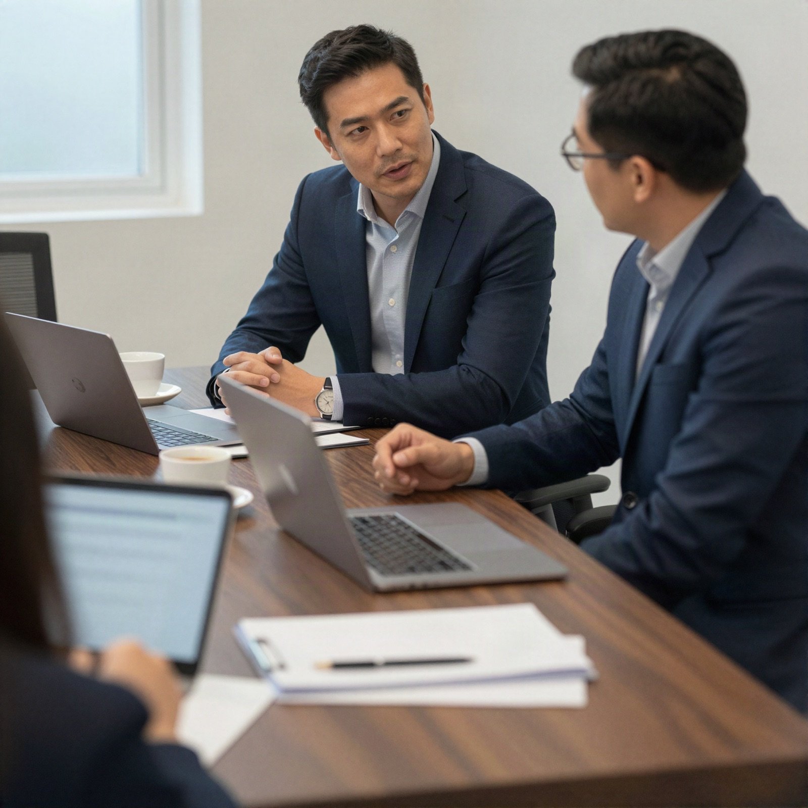 Consultants talking with investors around a boardroom table
