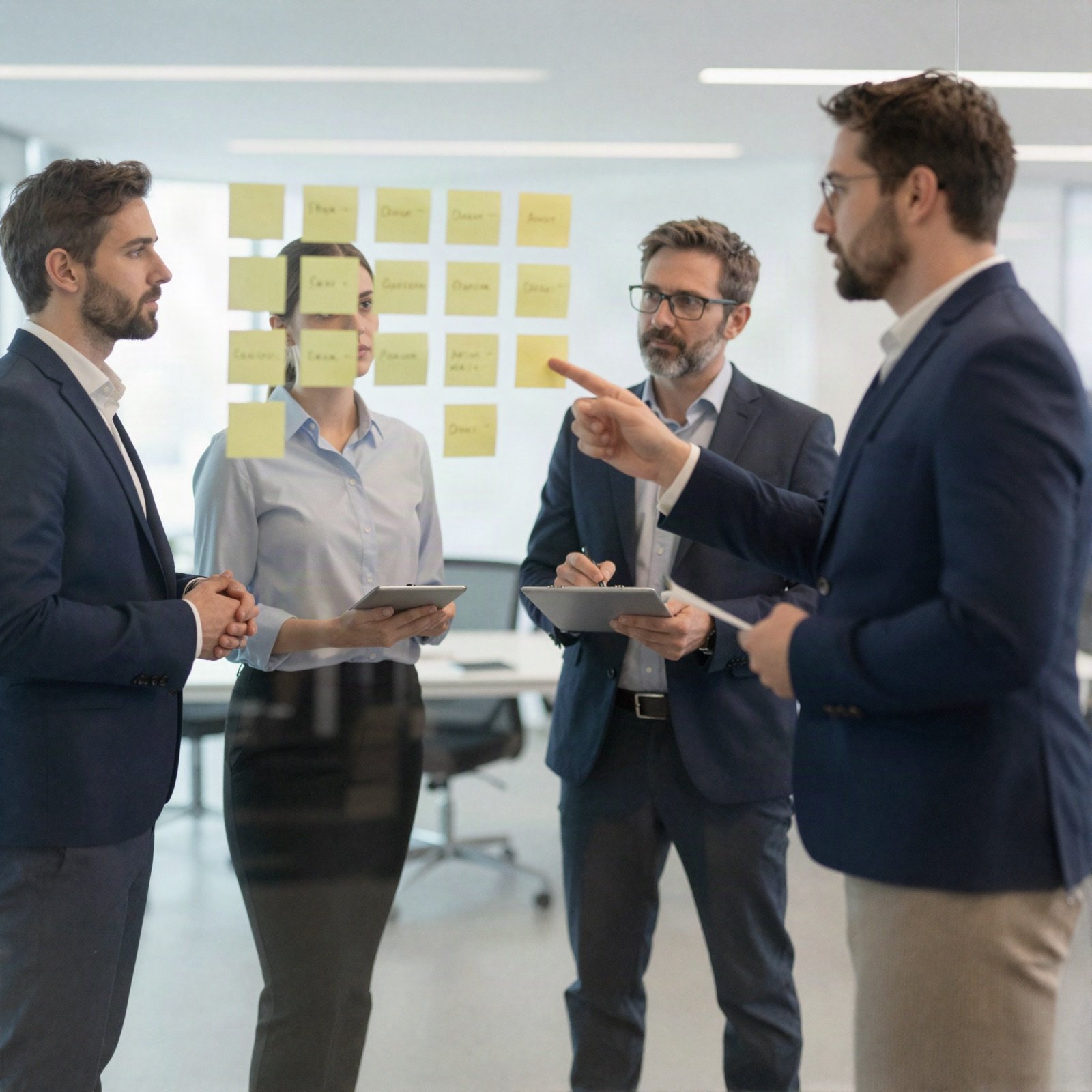 Business team planning a new operating model with sticky notes on a glass wall