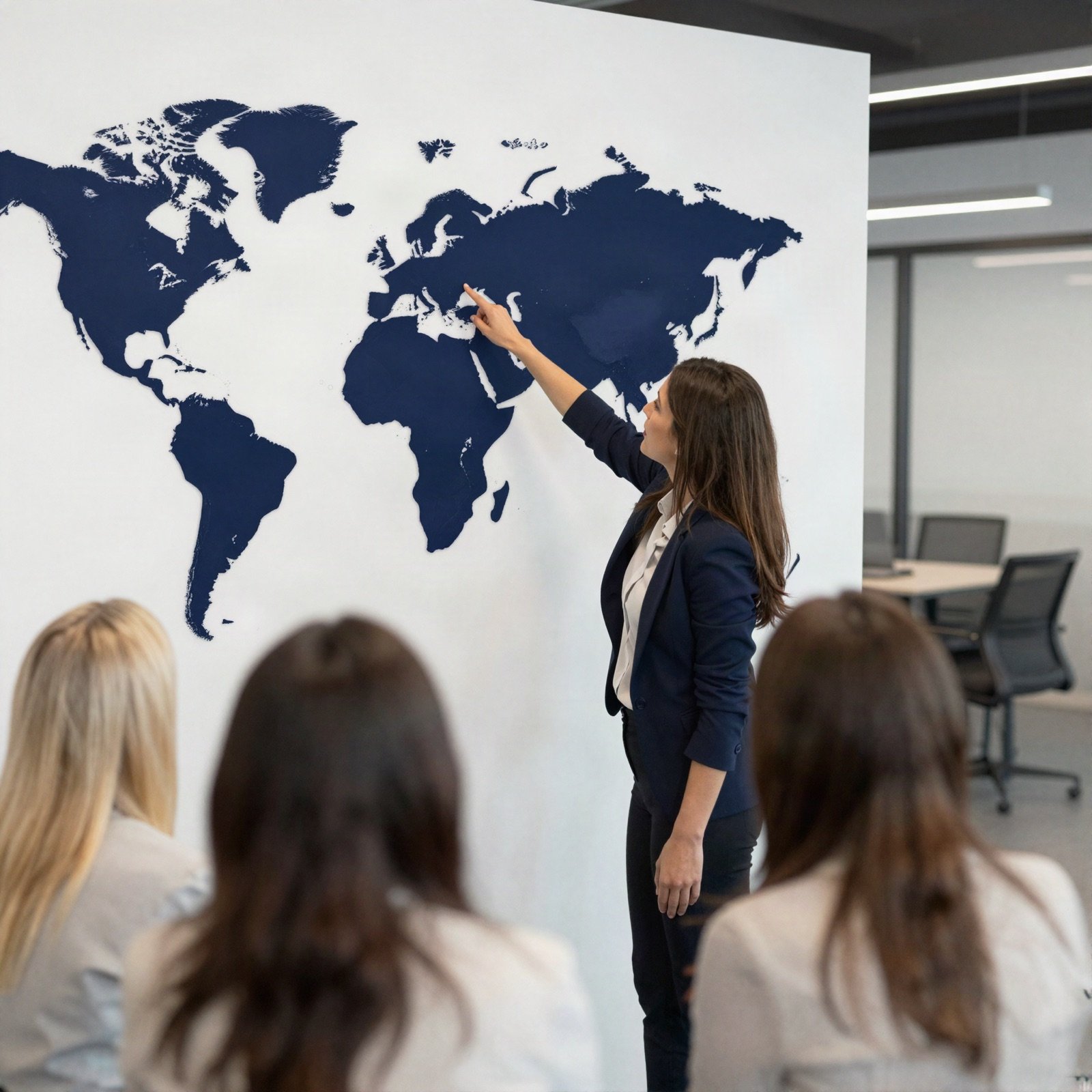 Consultant pointing at a world map while colleagues discuss expansion