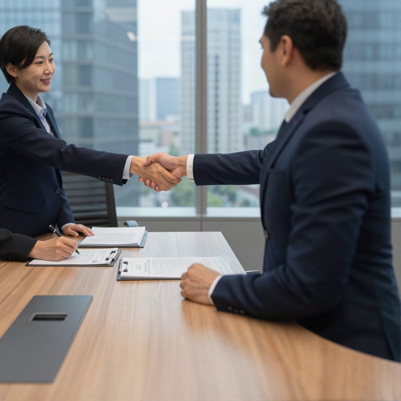Executives shaking hands across a meeting table in a high-rise office