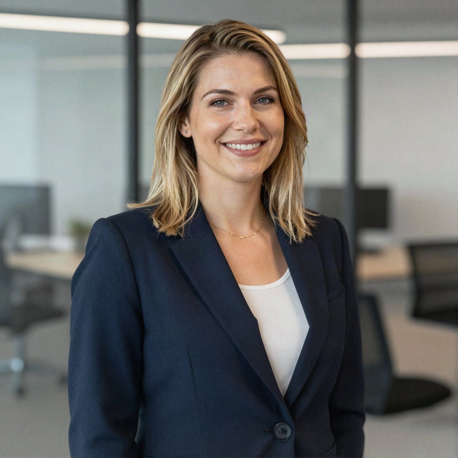 Portrait of Sara Al Malki, consultant, in a navy blazer