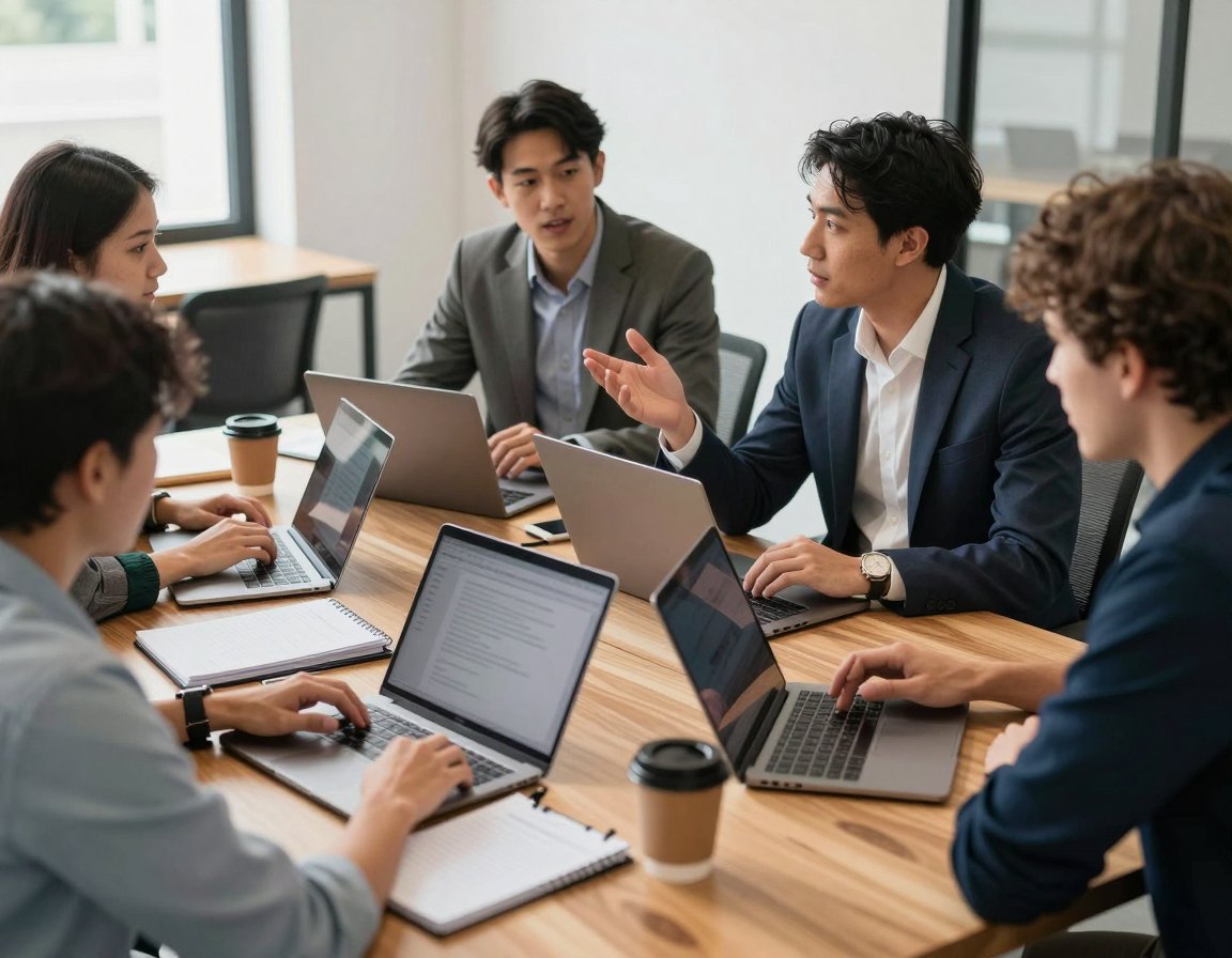 A marketing team planning a campaign around a table with laptops and notebooks