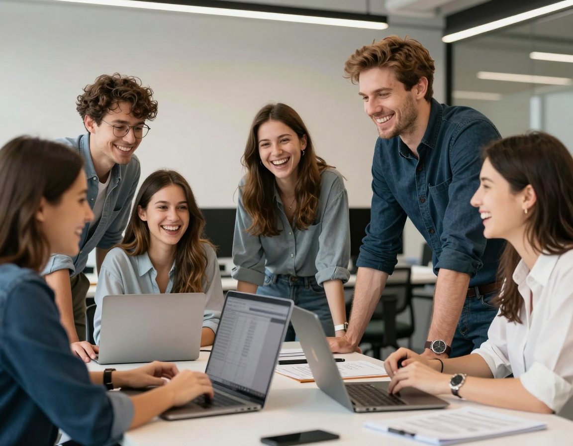 The design team laughing together around laptops in the studio