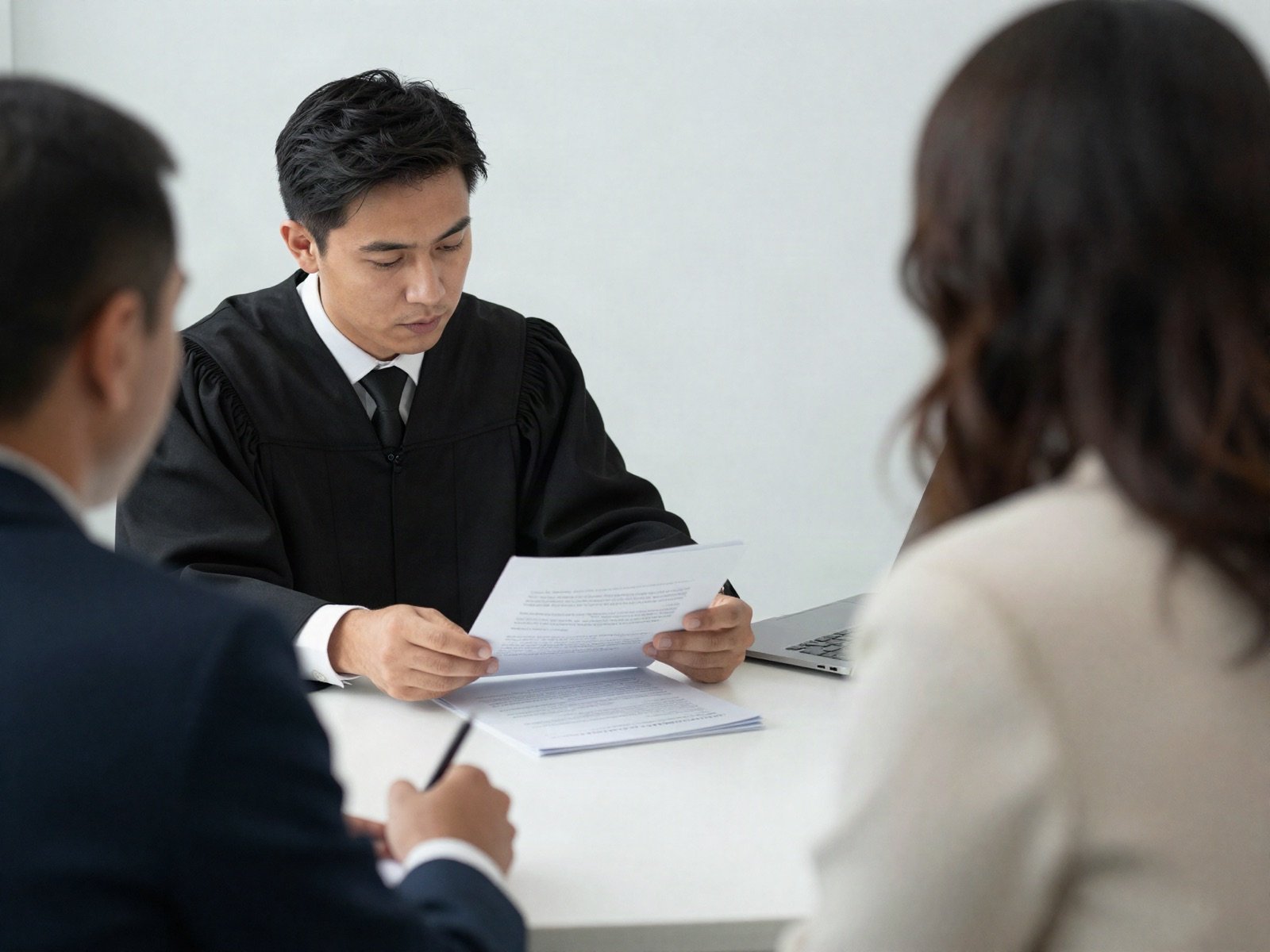 Lawyer reviewing documents with two clients at a desk