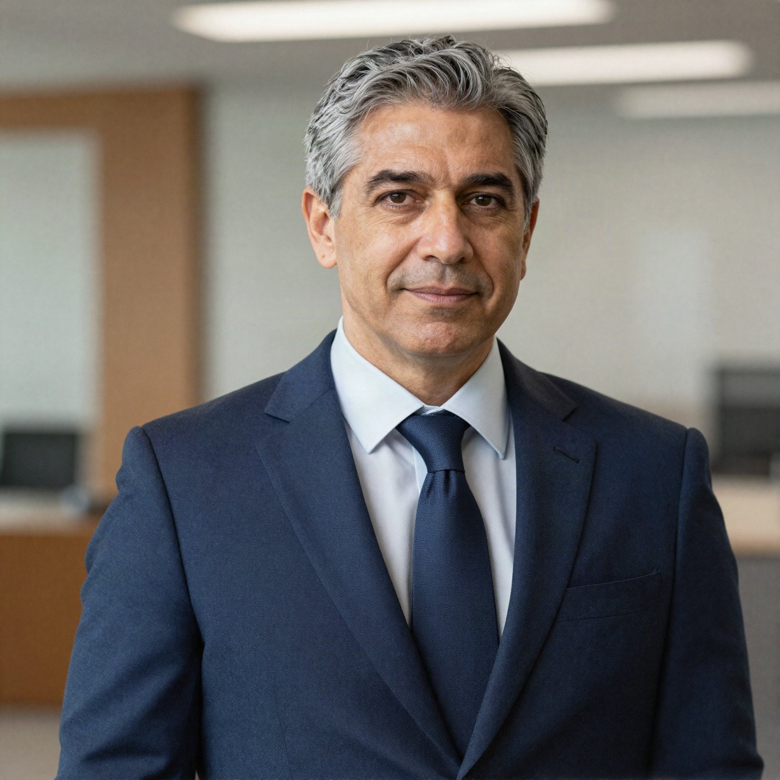 Portrait of a grey-haired lawyer in a navy suit and tie