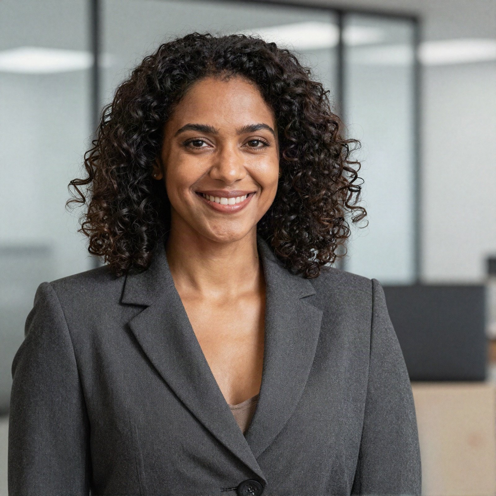 Portrait of a smiling lawyer with curly hair in a charcoal blazer