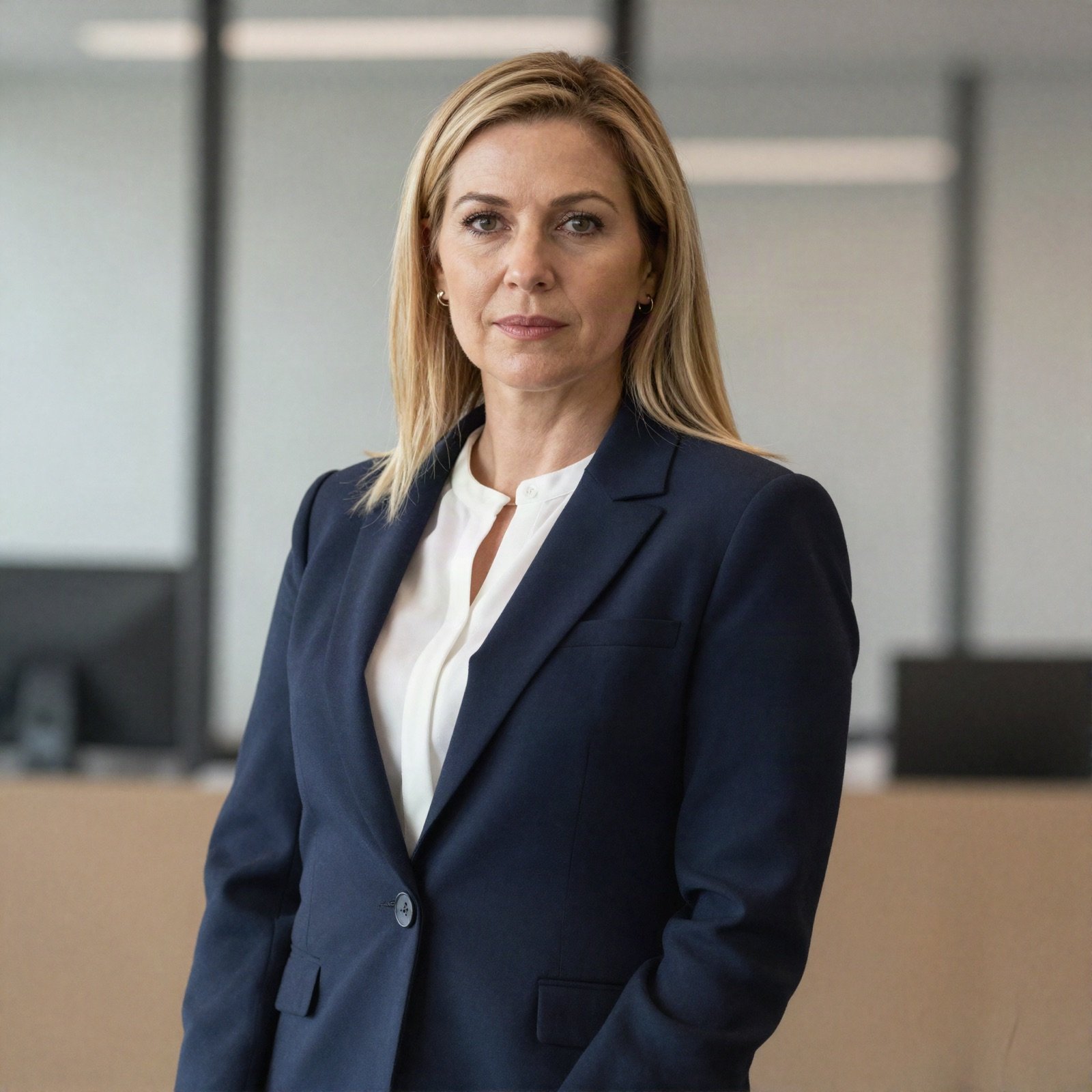 Portrait of a blonde lawyer in a navy blazer