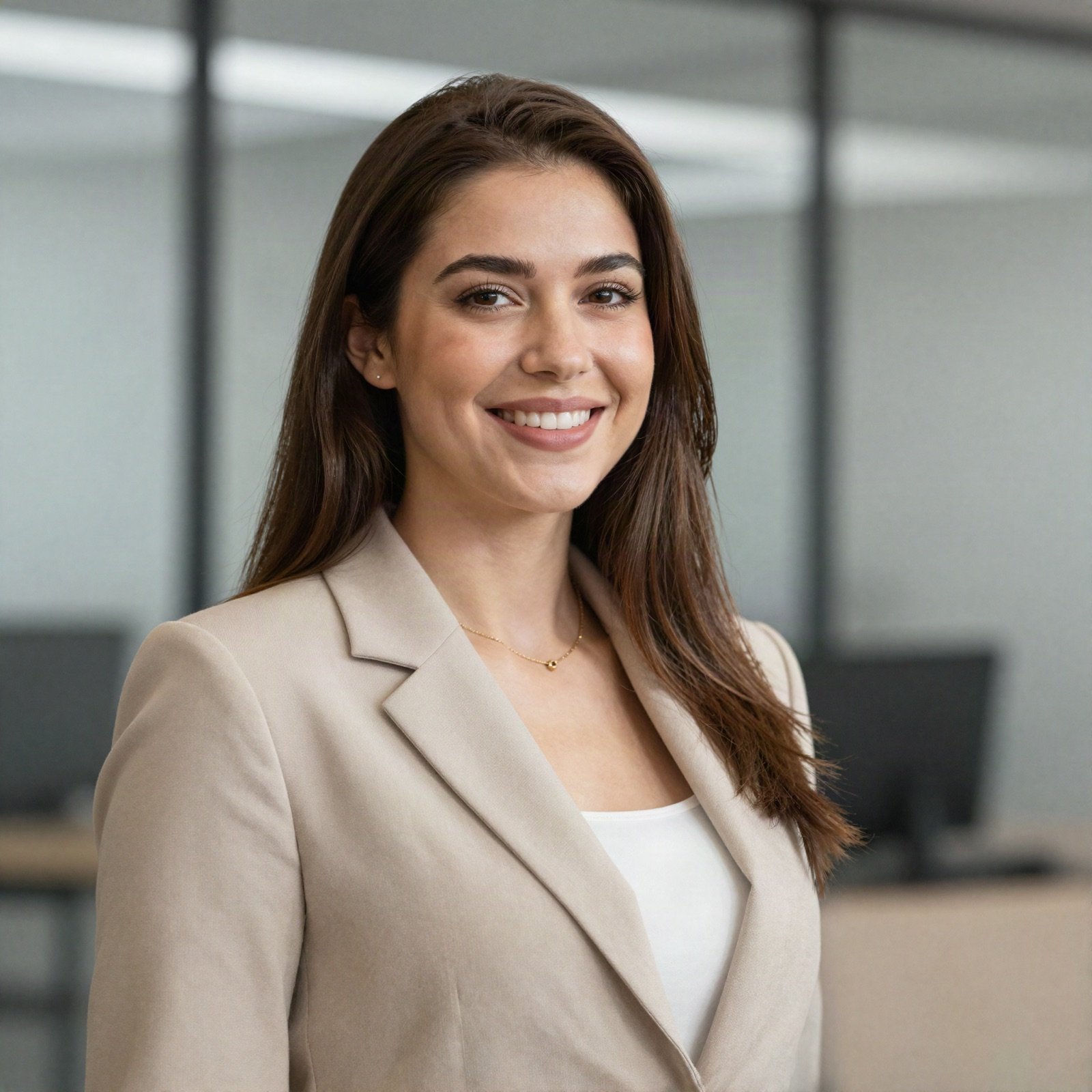 Portrait of a smiling lawyer with long brown hair in a beige jacket