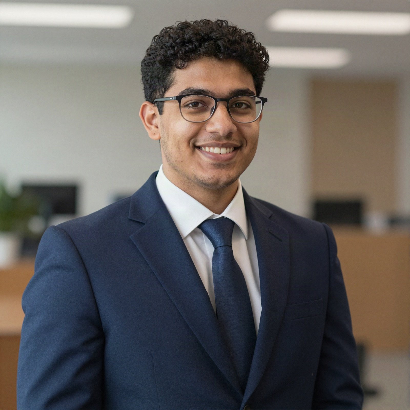 Portrait of a smiling young lawyer with glasses in a navy suit