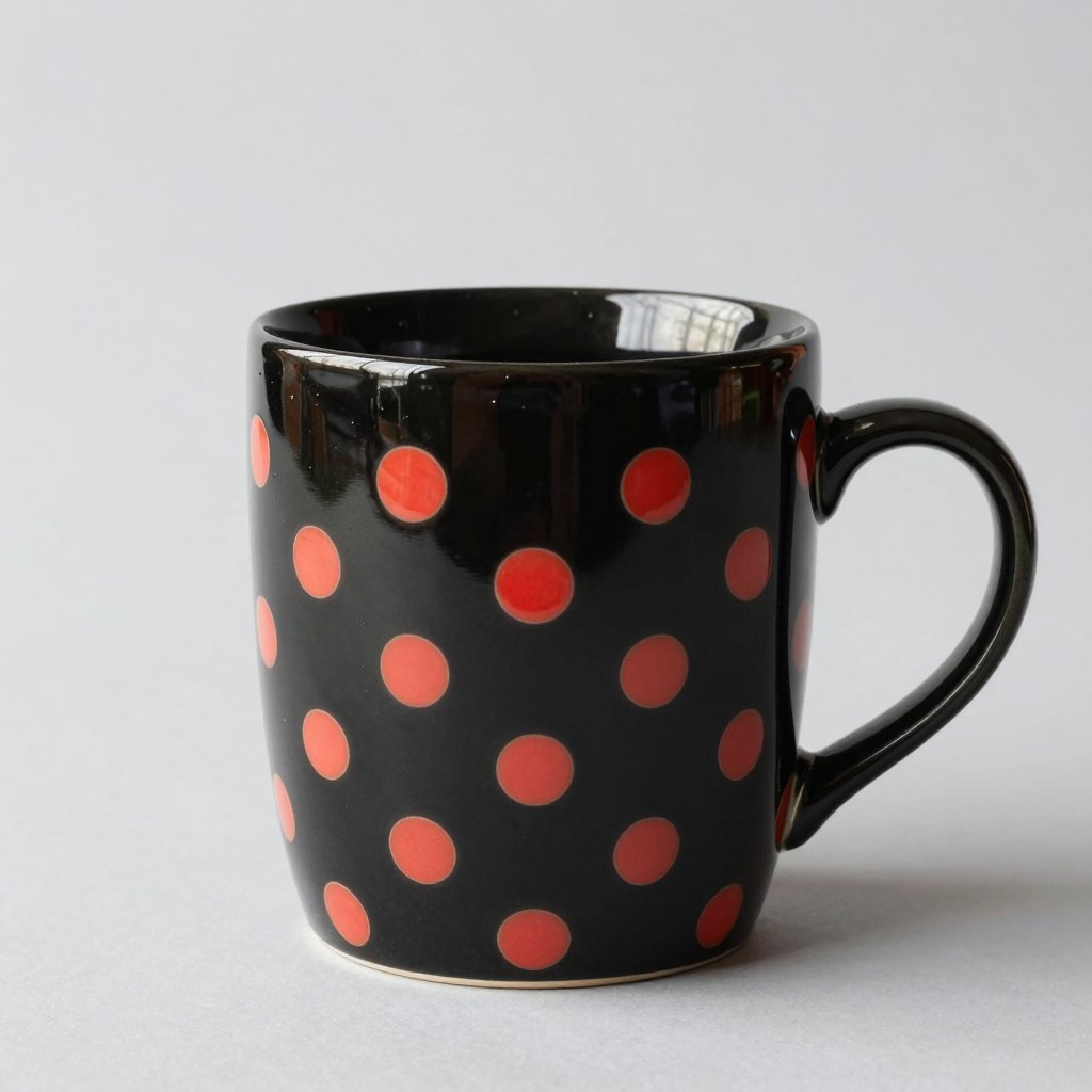 A black ceramic coffee mug with coral polka dots