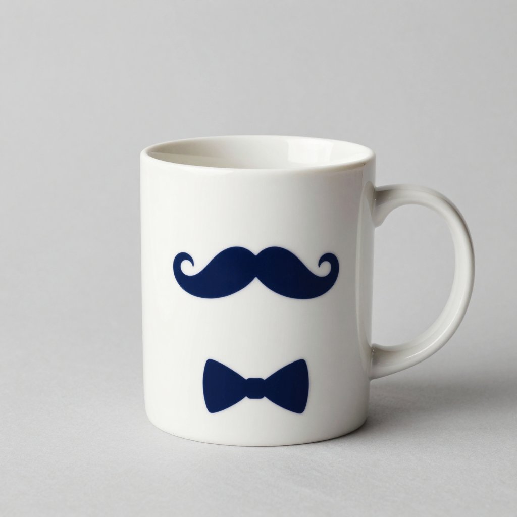 A white mug printed with a navy moustache and bow tie