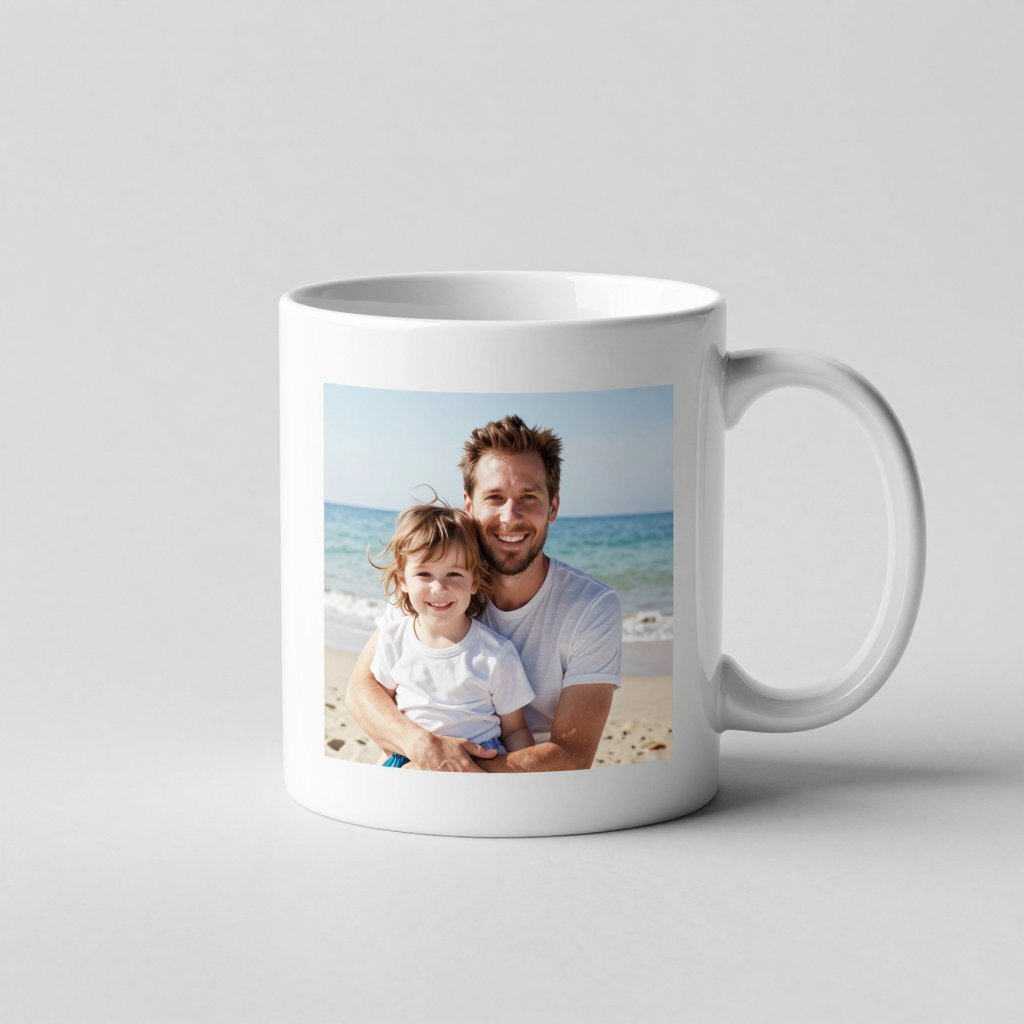 A white mug printed with a photo of a smiling father and child on the beach