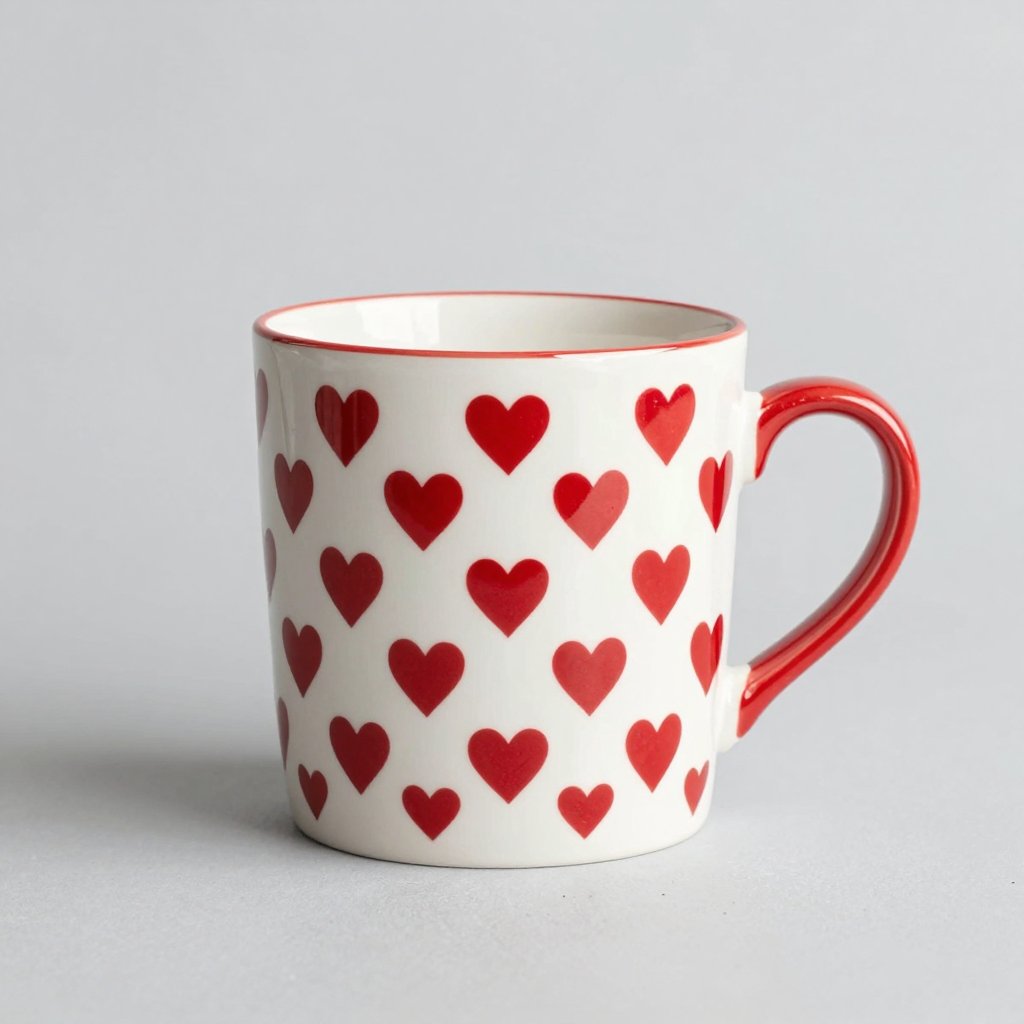 A white mug with a red heart pattern and a red handle