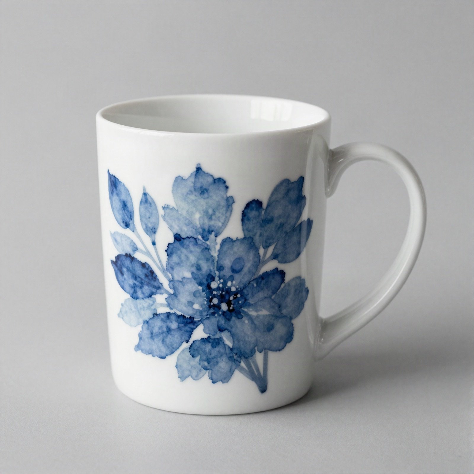 White ceramic mug printed with a blue watercolour flower