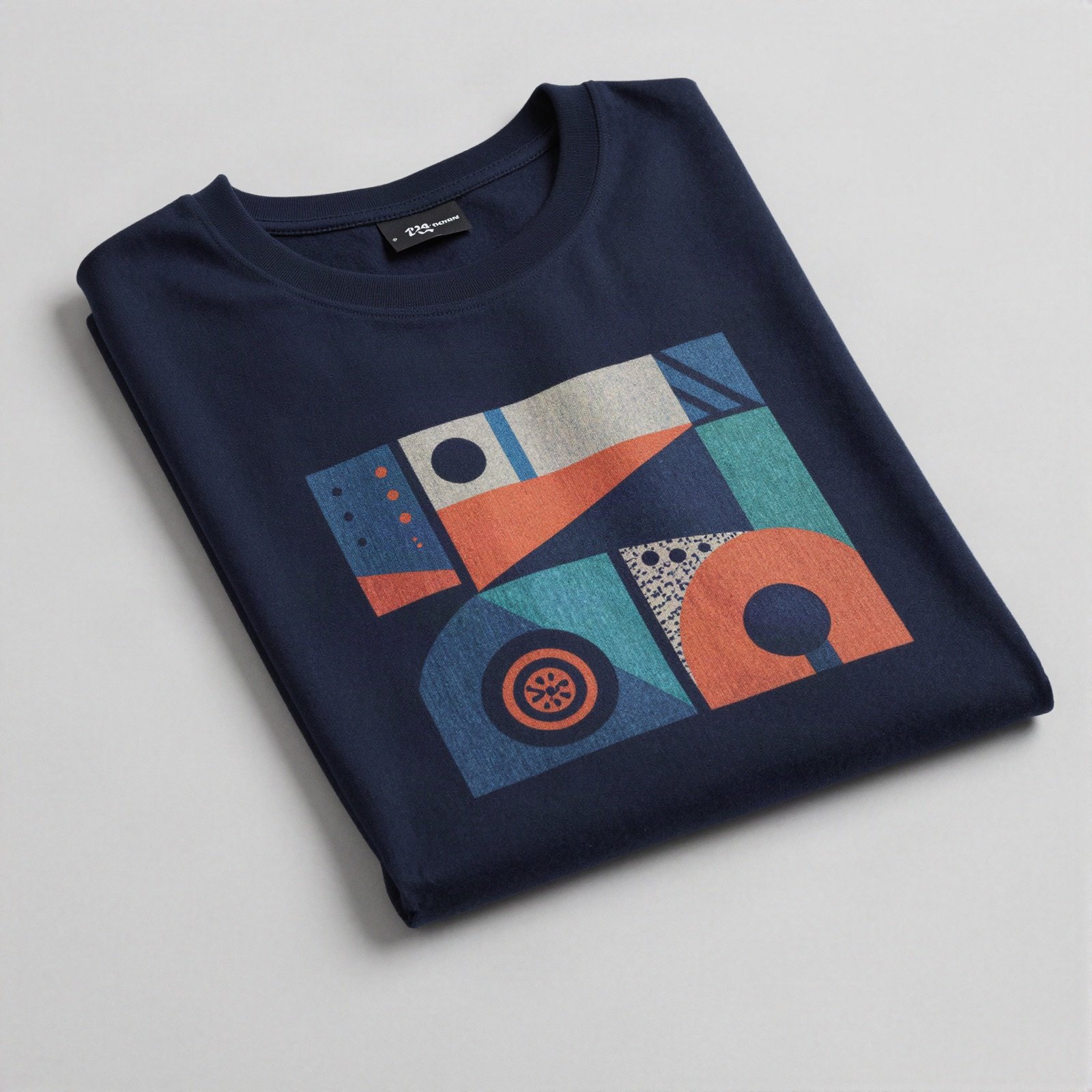 Folded navy t-shirt with a colourful geometric print