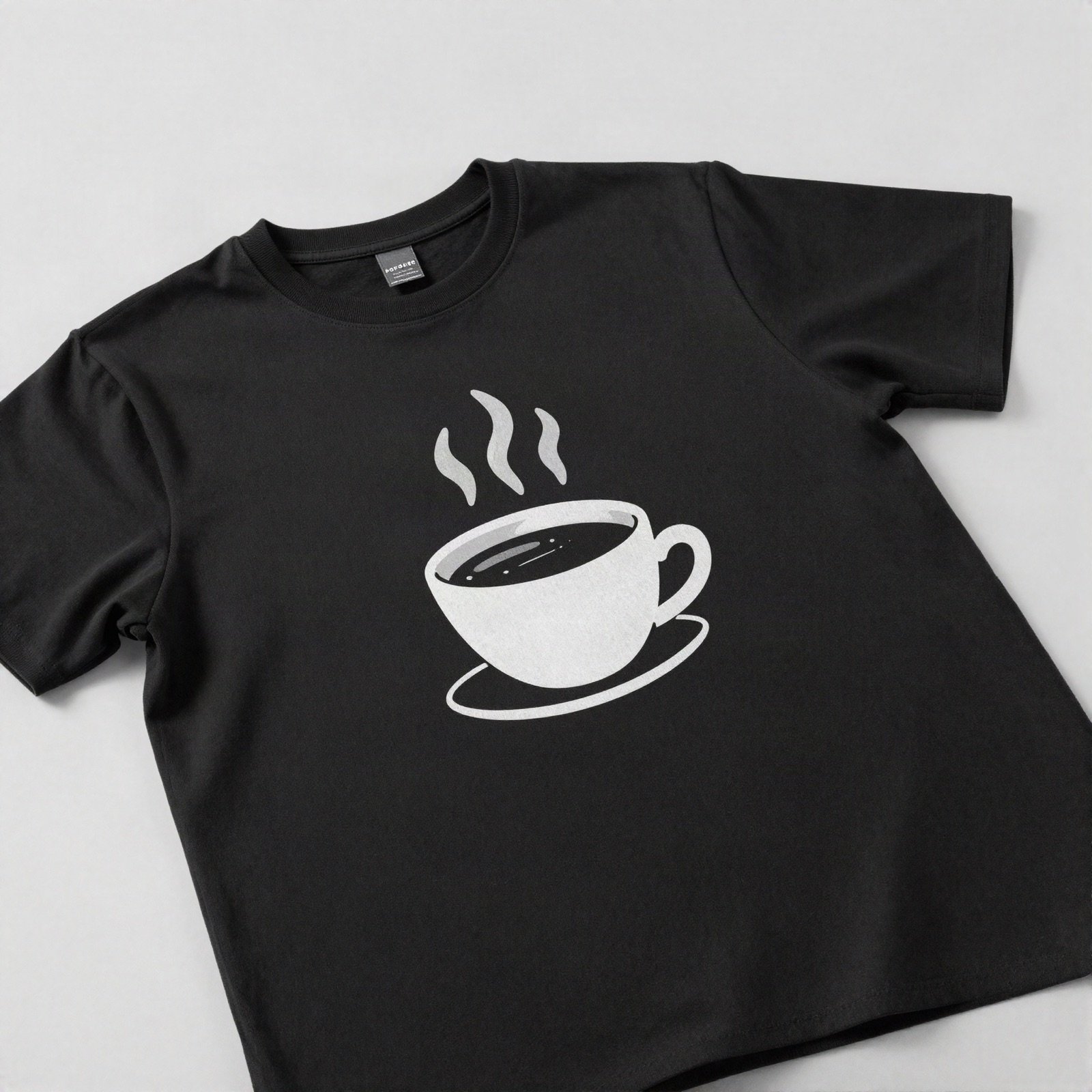 Black t-shirt printed with a white steaming coffee cup