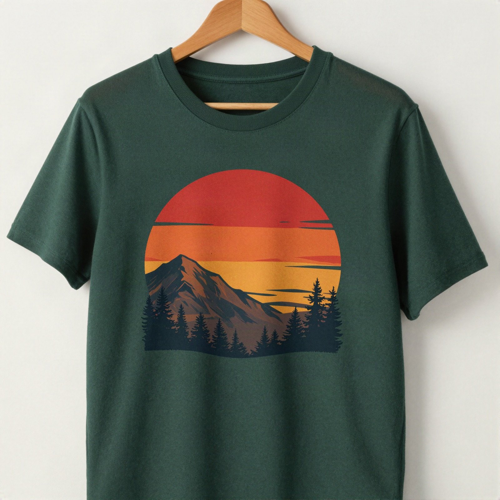 Dark green t-shirt with a mountain sunset print on a wooden hanger
