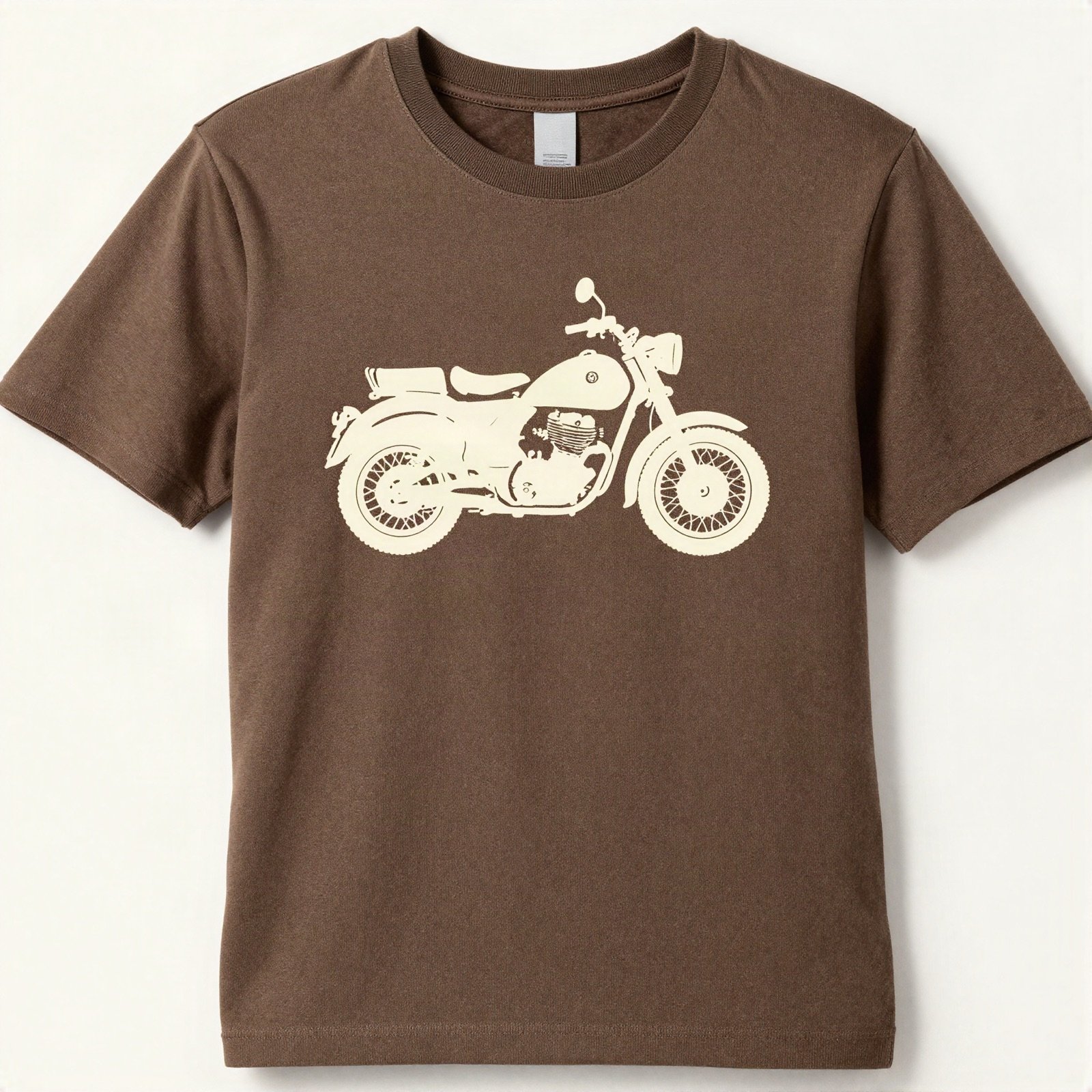 Brown t-shirt with a cream vintage motorcycle print