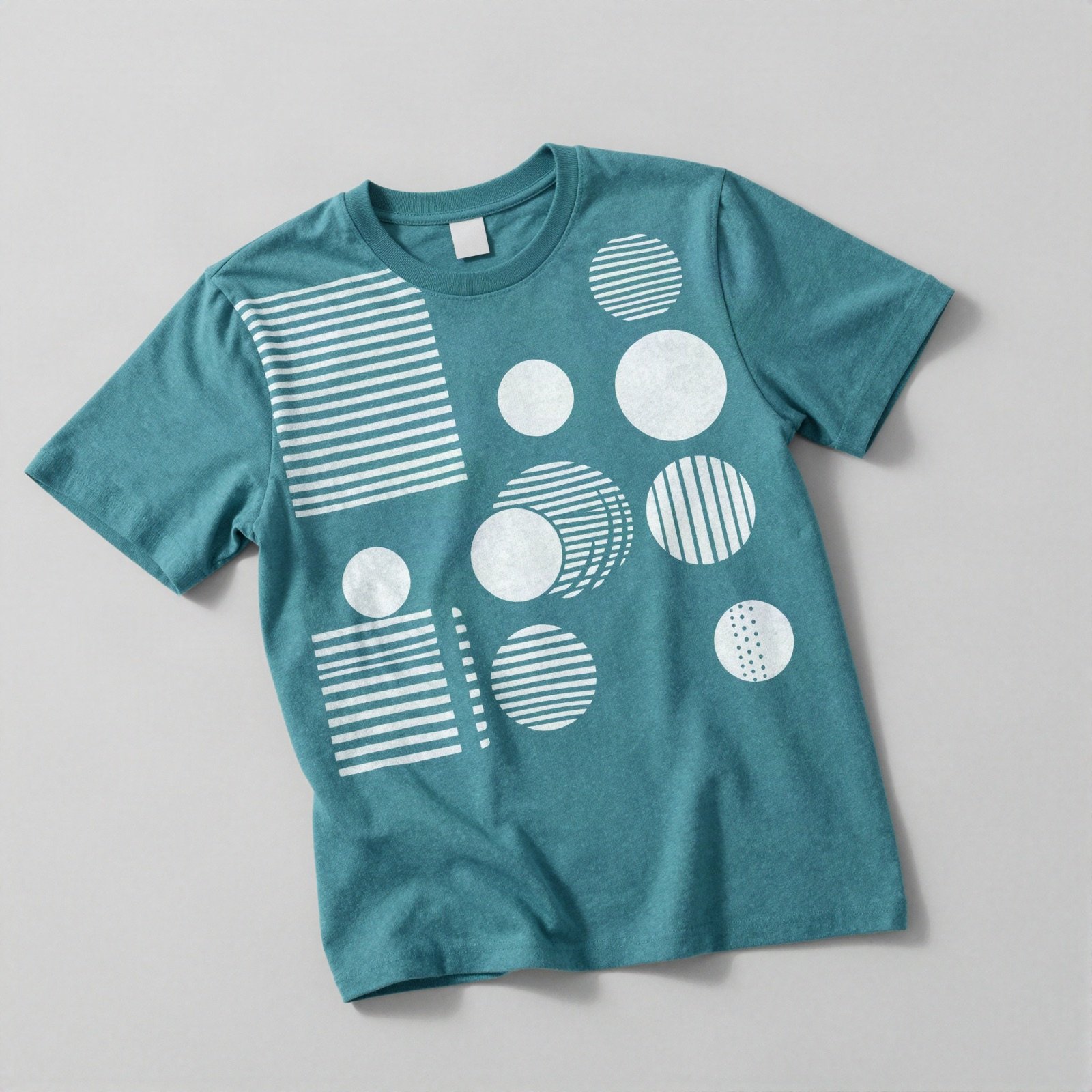 Teal t-shirt with a white circles and stripes print
