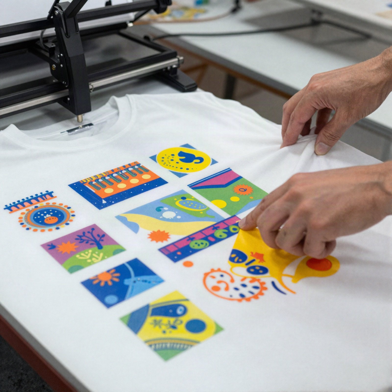Hands placing a colourful print transfer onto a white t-shirt on a heat press