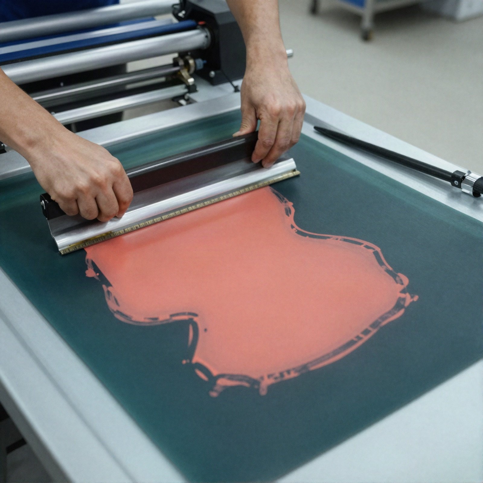 Printer pulling a squeegee across a silk screen