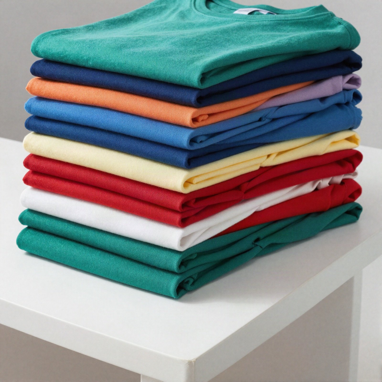 Stack of folded plain t-shirts in bright colours
