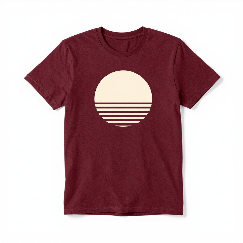 A maroon t-shirt with a cream striped sun print