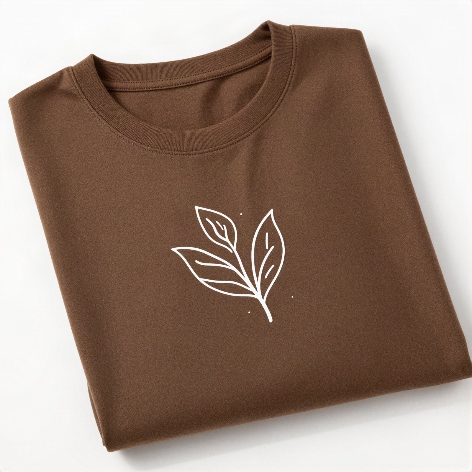 Folded brown t-shirt with a white leaf print