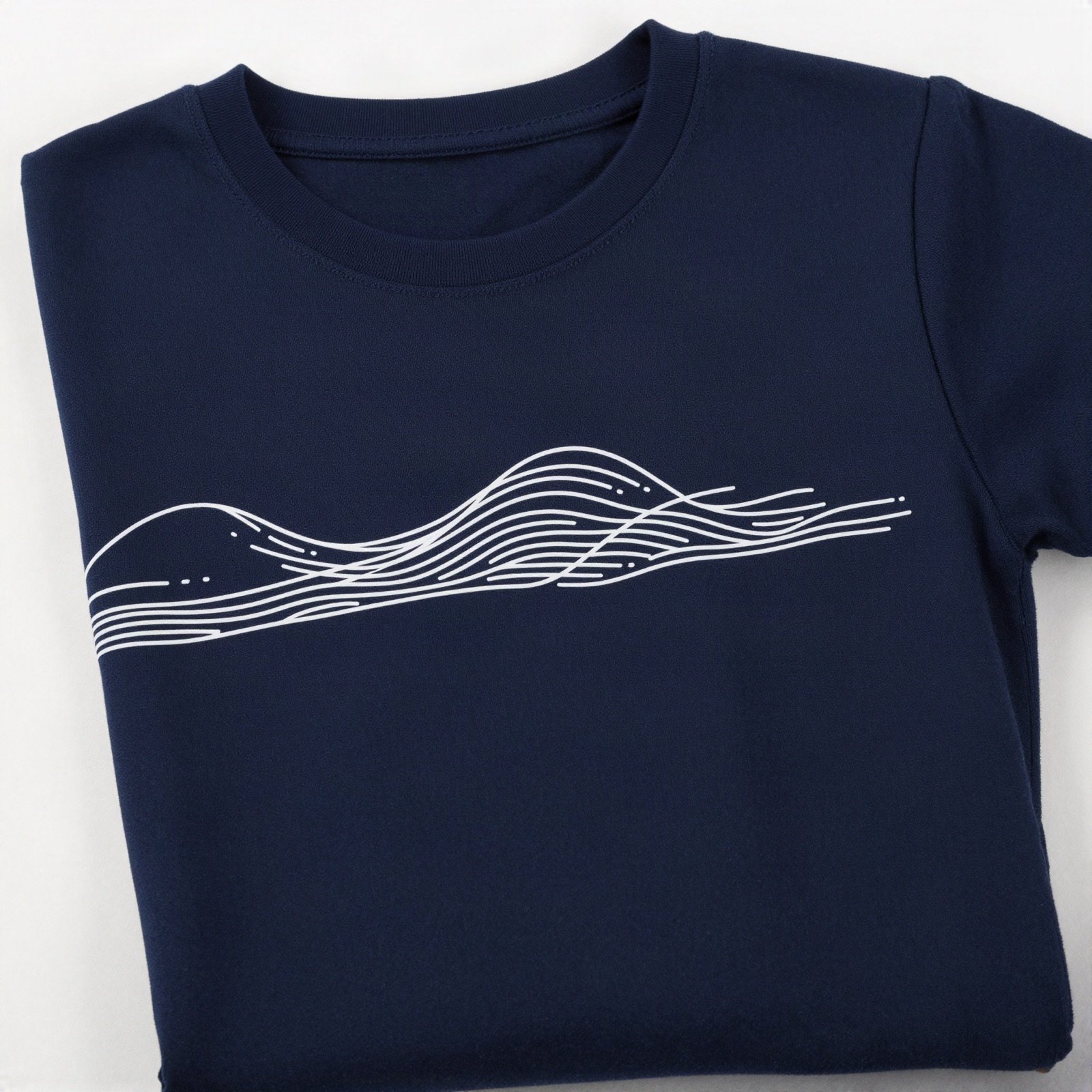 Folded navy blue t-shirt with a white wave print