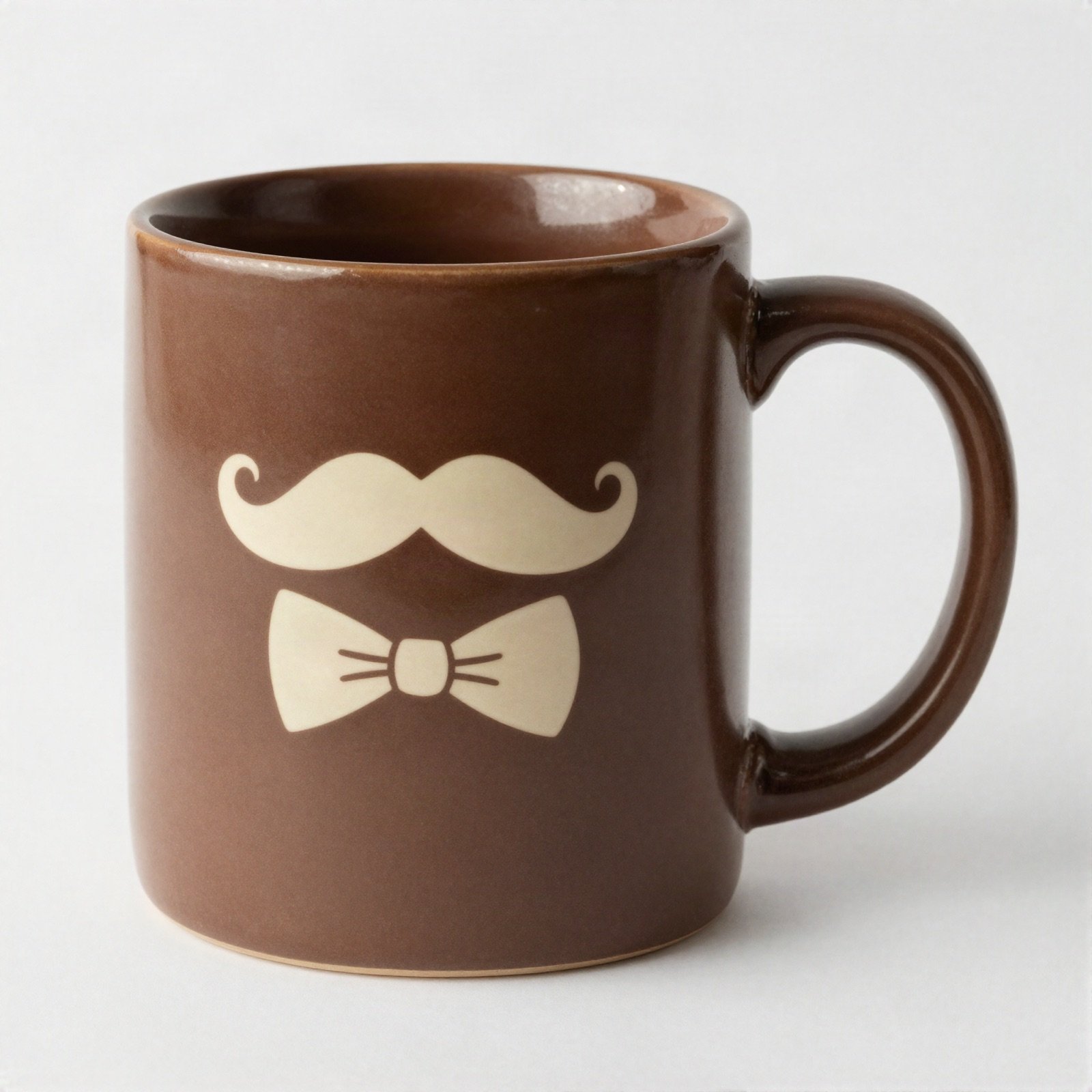 Brown mug printed with a moustache and bow tie