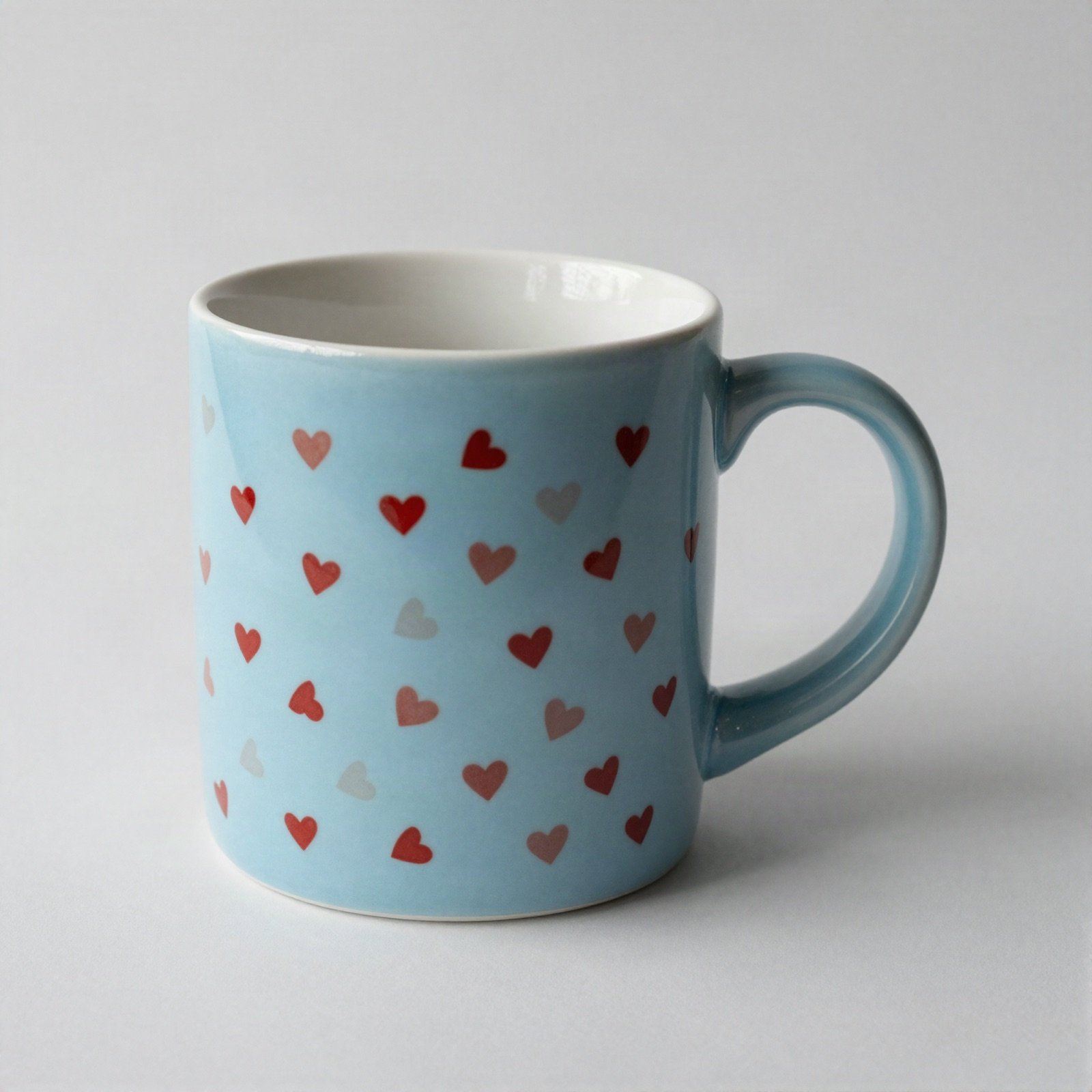 Light blue mug printed with red hearts