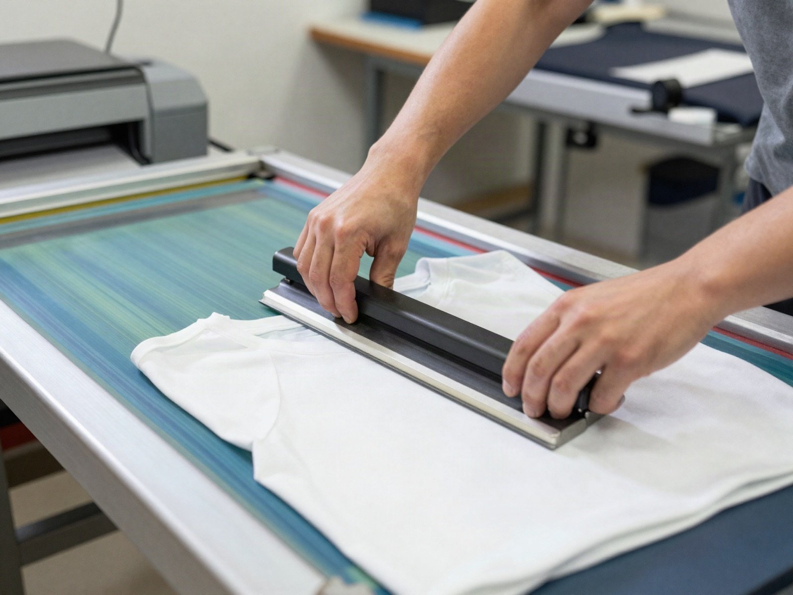Printer screen printing a white t-shirt in the workshop