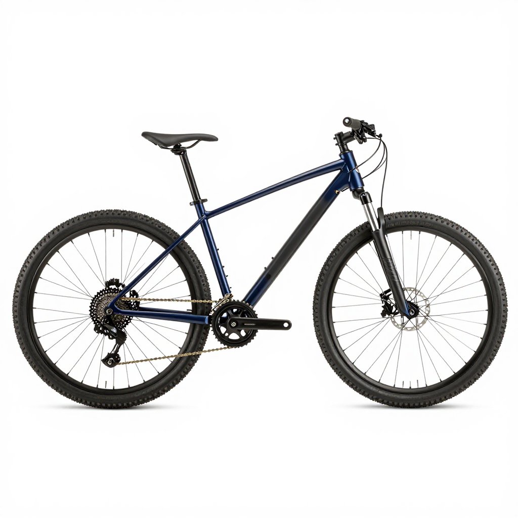 A dark blue hardtail mountain bike with a suspension fork, side view