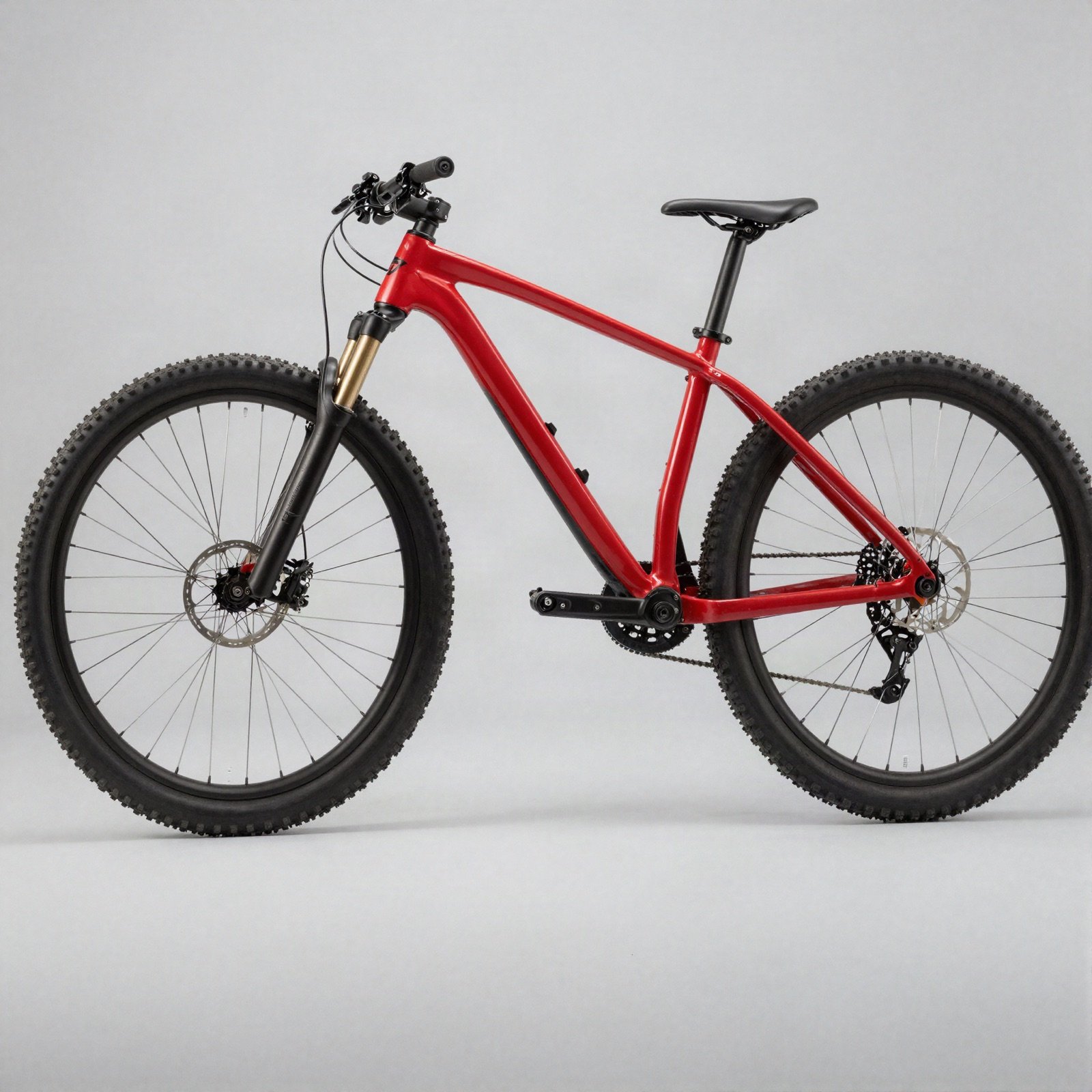 A red hardtail mountain bike with a suspension fork, side view